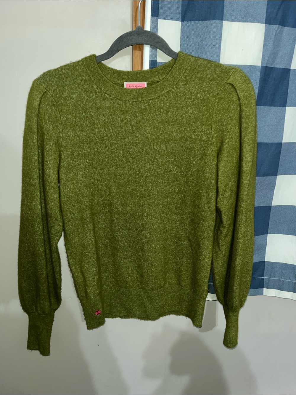 kate spade Olive Green Crewneck Sweater with Puff Shoulders